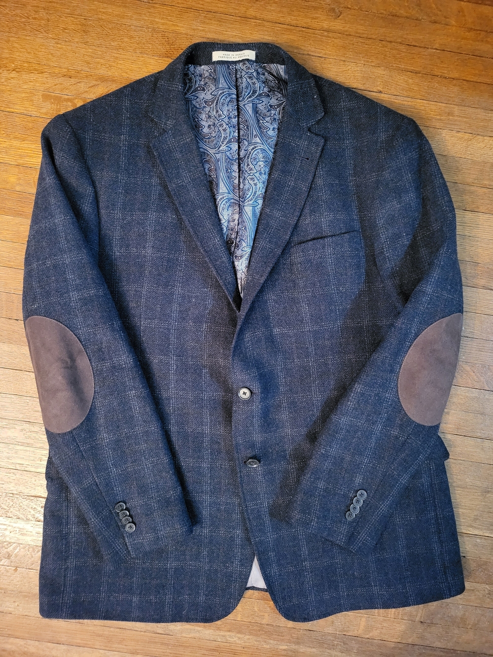 Joseph Abboud Dark Navy Plaid Sport Coat with Brown Elbow Patches